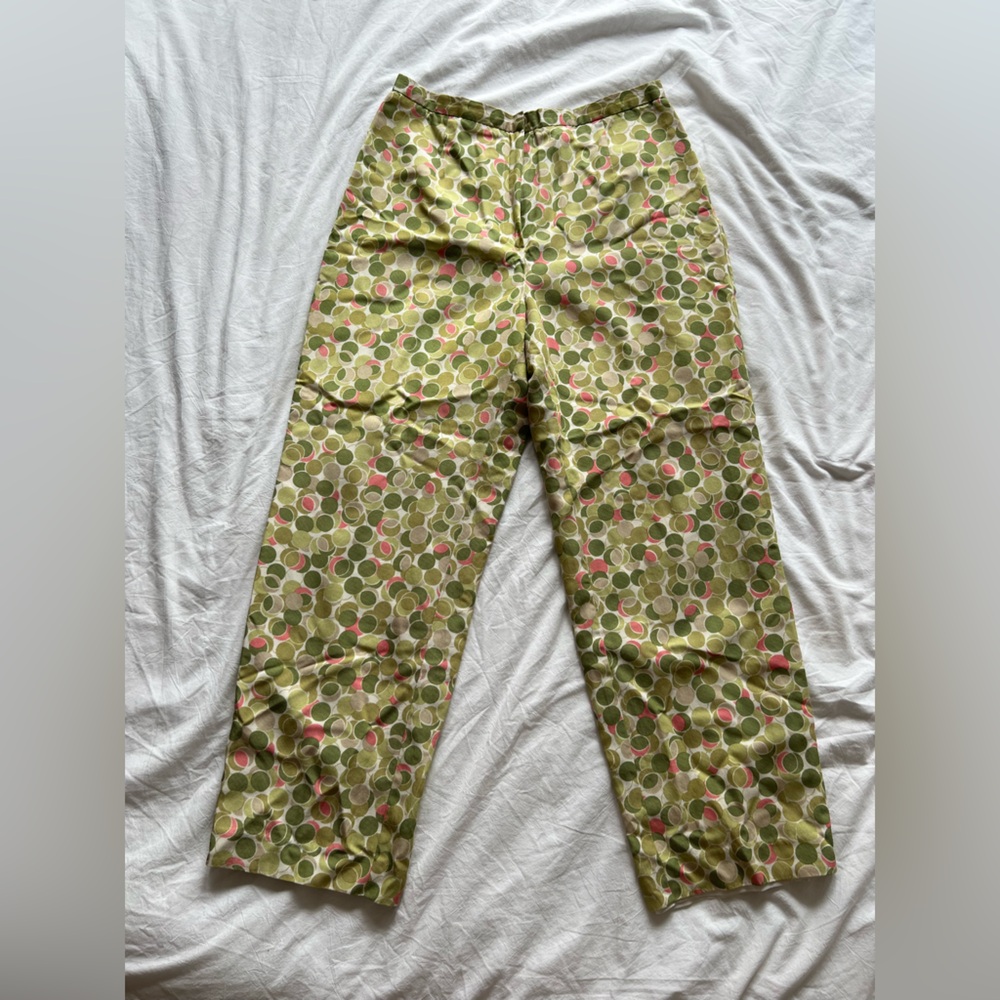 Talbots green & pink polka dot pattern silk lined pants 12